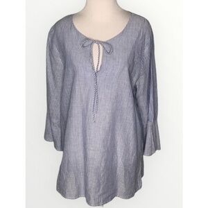 Umgee Lightweight Blue & White Stripes 1/2 Bell Cuff Sleeves Tunic Blouse Medium